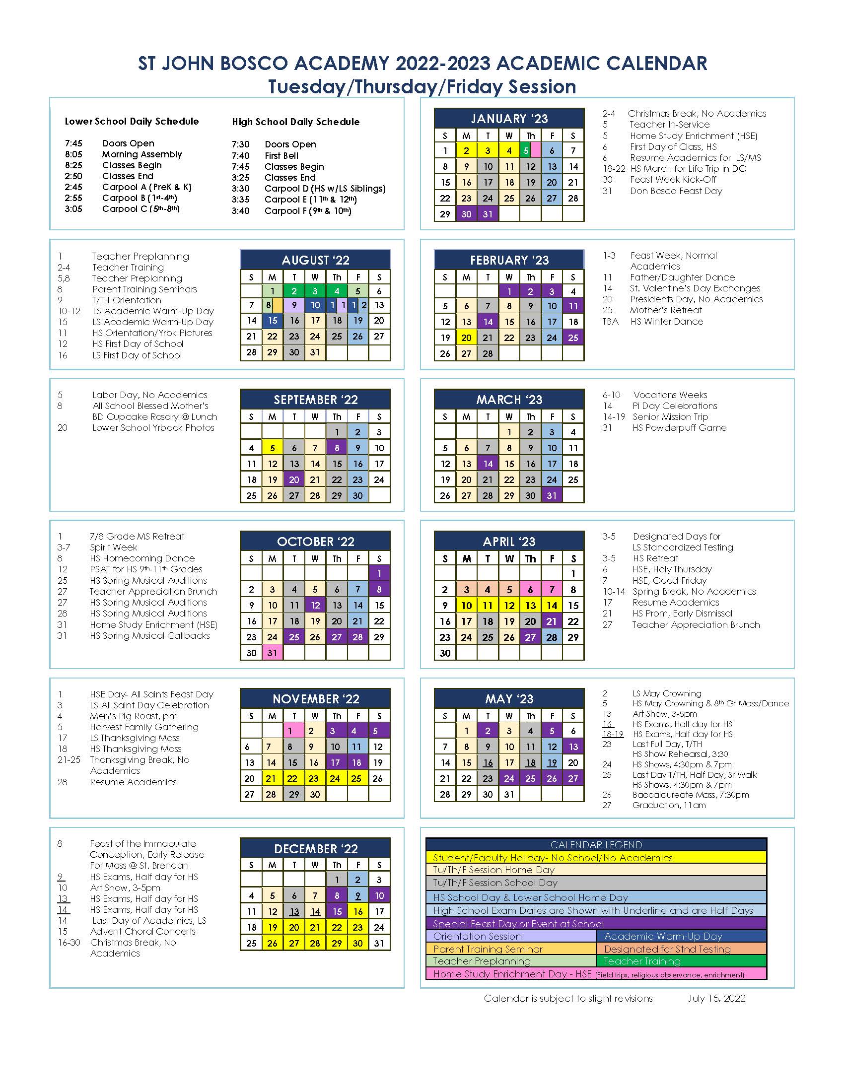 2022 2023 Academic Calendars St. John Bosco Academy
